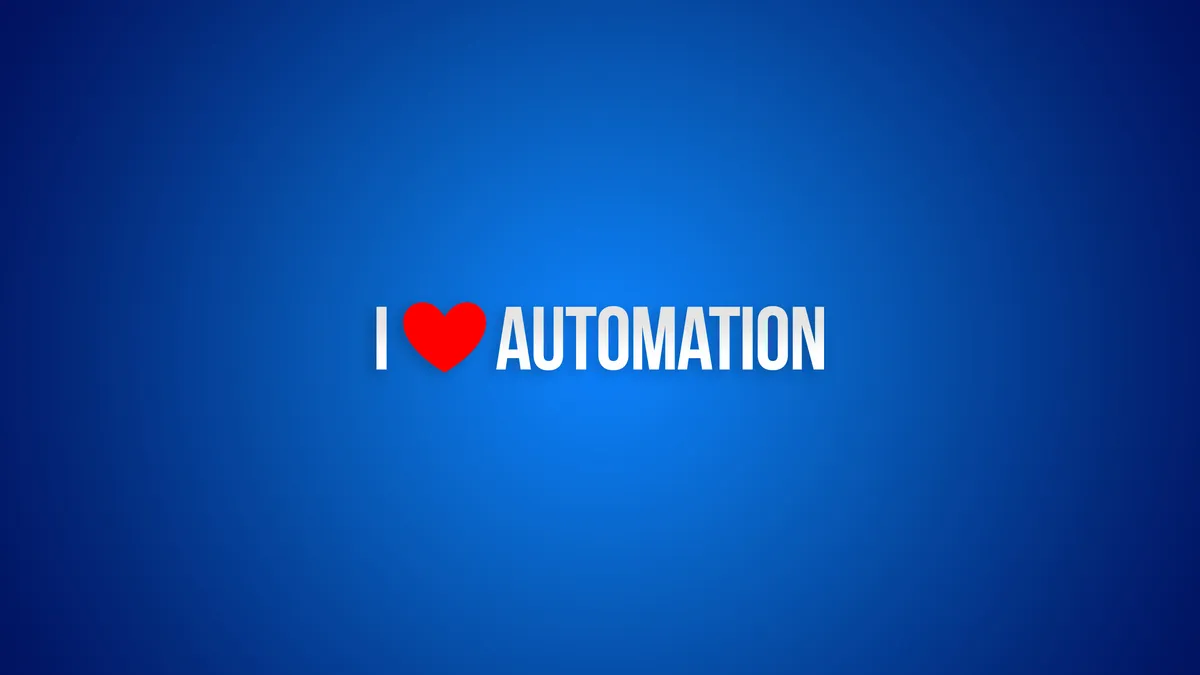 I Love Automation logokort: Rødt hjerte på blå baggrund