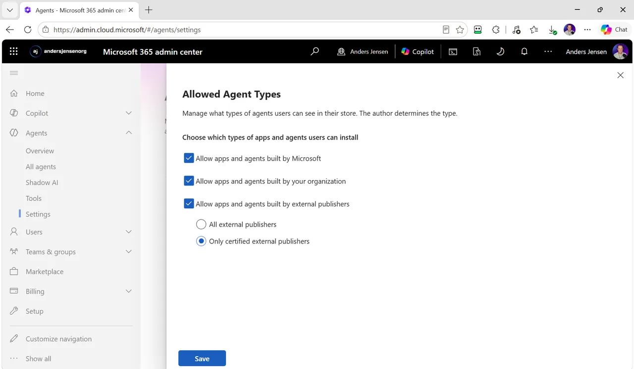 Allowed Agent Types-indstillingen i Microsoft 365 admin center med alle tre agenttyper tilladt og Only certified external publishers valgt