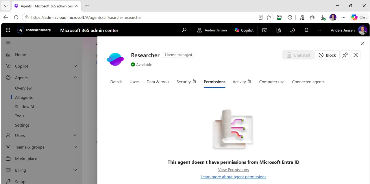 Researcher-agentens Permissions-fane i Microsoft 365 admin center med beskeden om, at agenten ikke har permissions fra Microsoft Entra ID