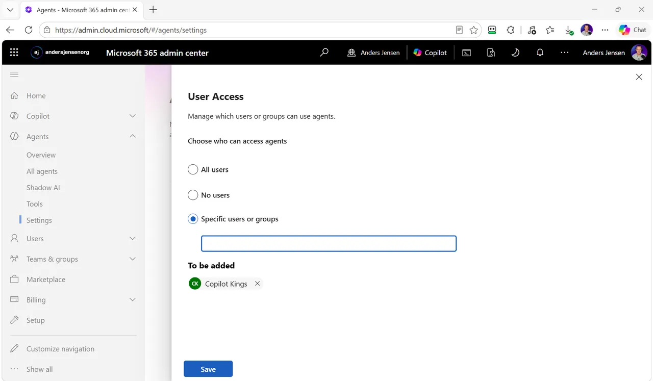 User access-indstillingen i Microsoft 365 admin center med Specific users or groups valgt og en pilotgruppe klar til at blive tilføjet