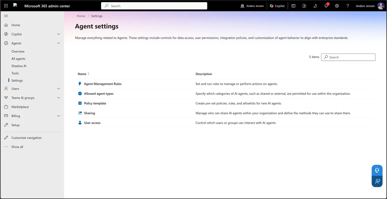 Agent settings-siden med de fem kontroller Agent Management Rules, Allowed agent types, Policy template, Sharing og User access