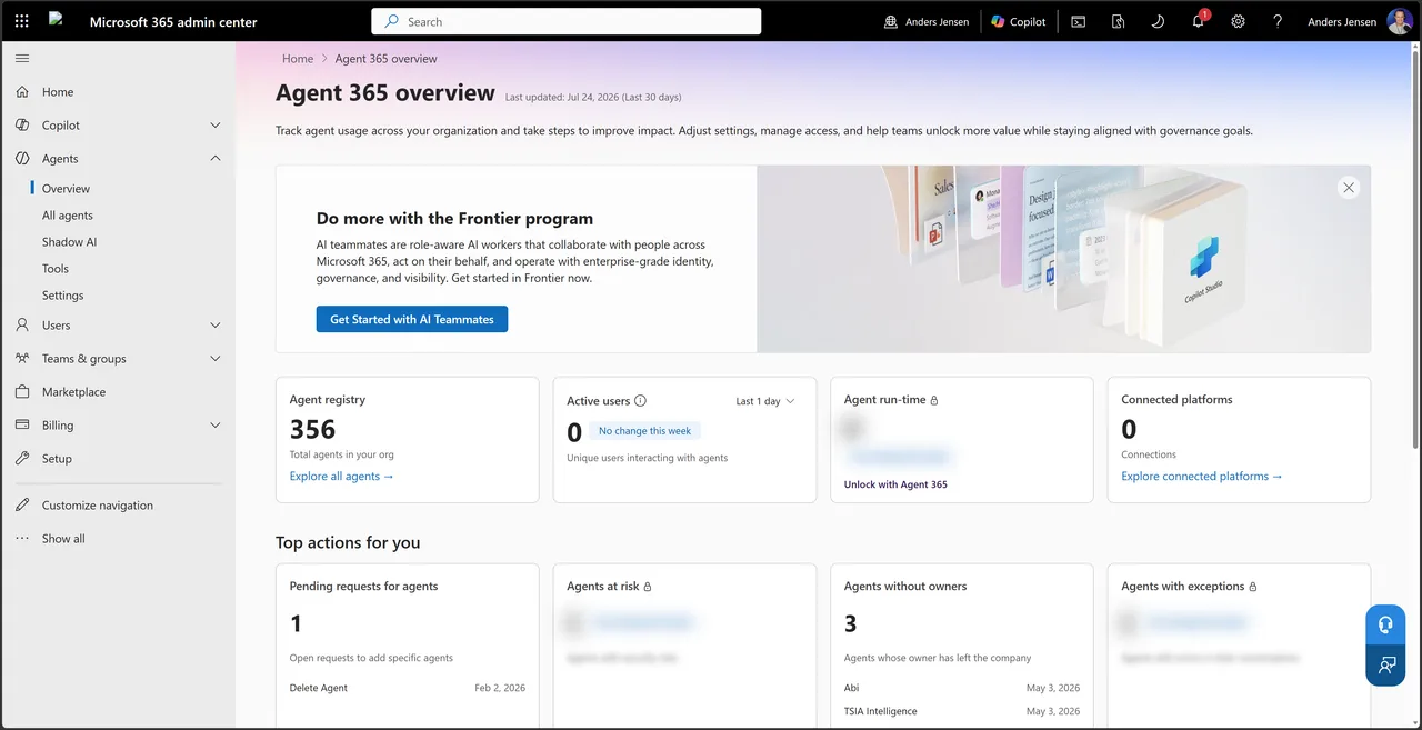 Agent 365 overview-siden i Microsoft 365 admin center med Agents-menuen udfoldet og Agent registry-kortet med 356 agenter