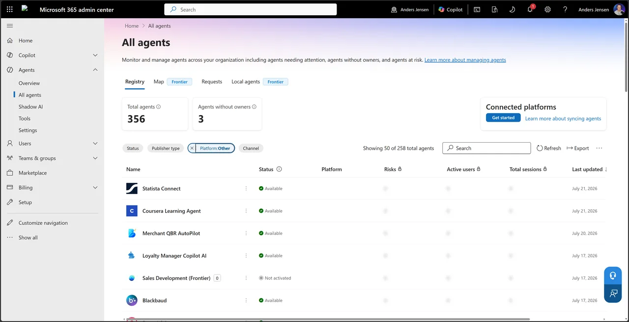 Registry-listen under All agents med filtre og tredjepartsagenter som Statista Connect og Coursera Learning Agent