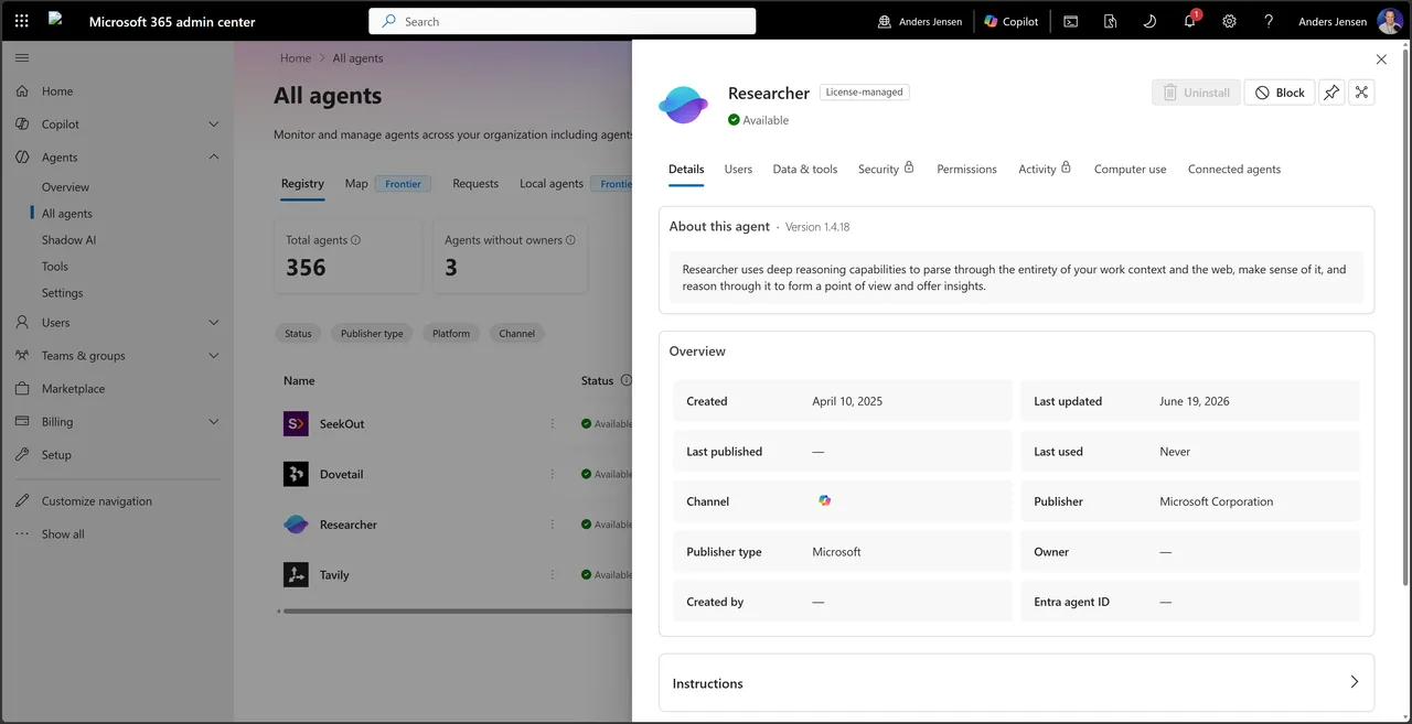 Researcher-agentens detaljepanel med faner for Details, Users, Data og tools, Permissions og Computer use