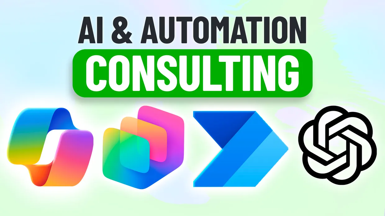 AI & Automation Consulting: Collage med Microsoft Copilot-, Power Automate- og OpenAI-logoer